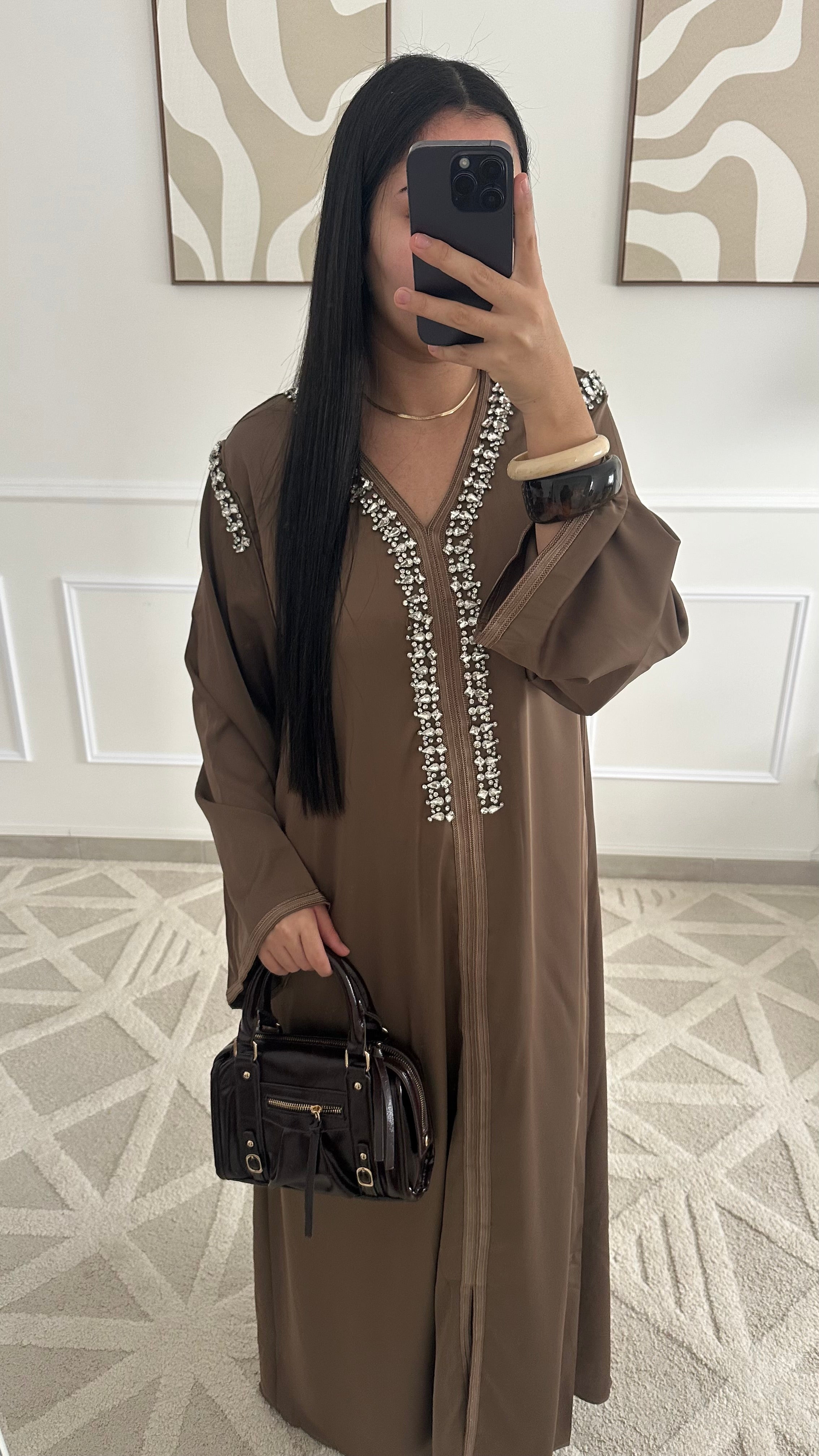 Robe caftan à strass | Marron