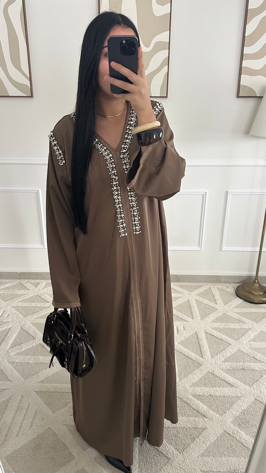 Robe caftan à strass | Marron