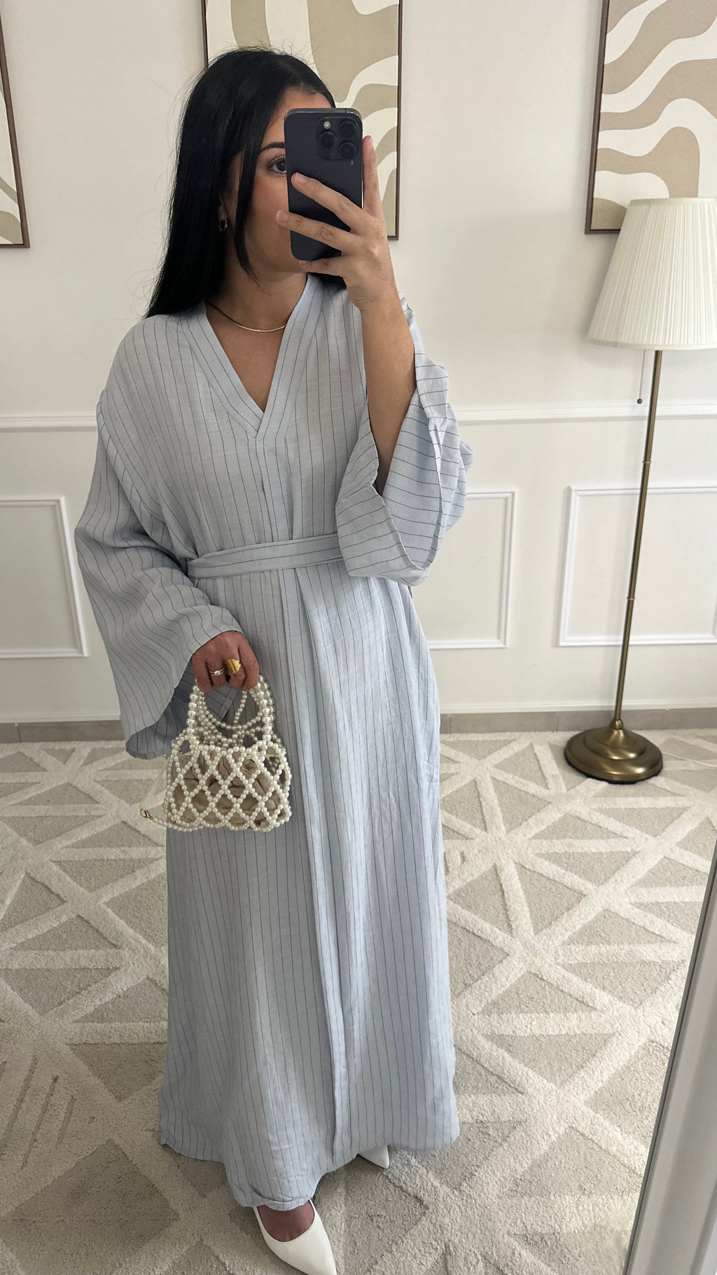 Robe longue et fluide en lin à rayures et ceinture |
Bleue ciel