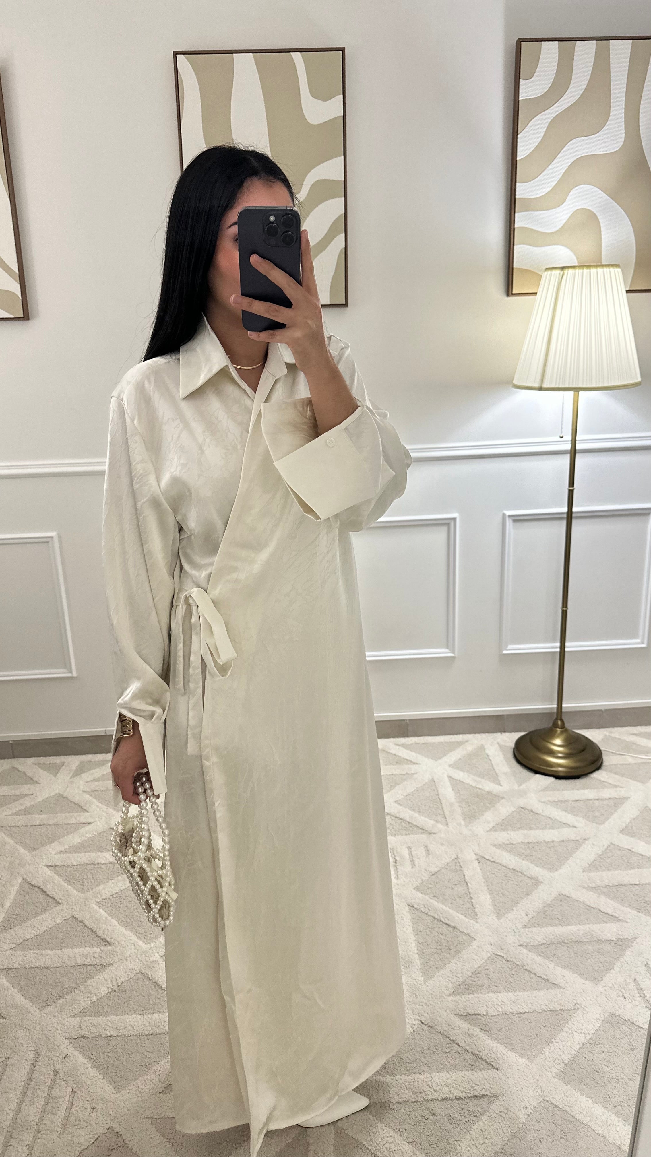 [GAMME PREMIUM] Robe satinée à motifs à nouer | Blanc