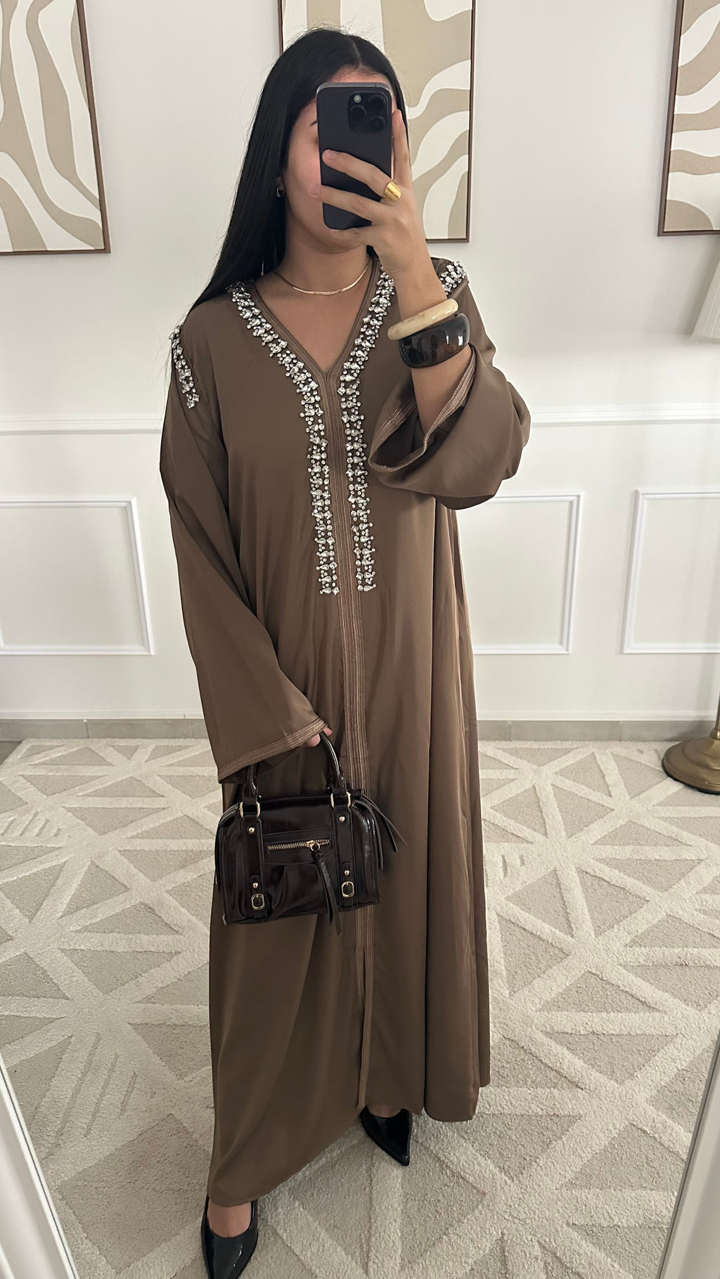 Robe caftan à strass | Marron