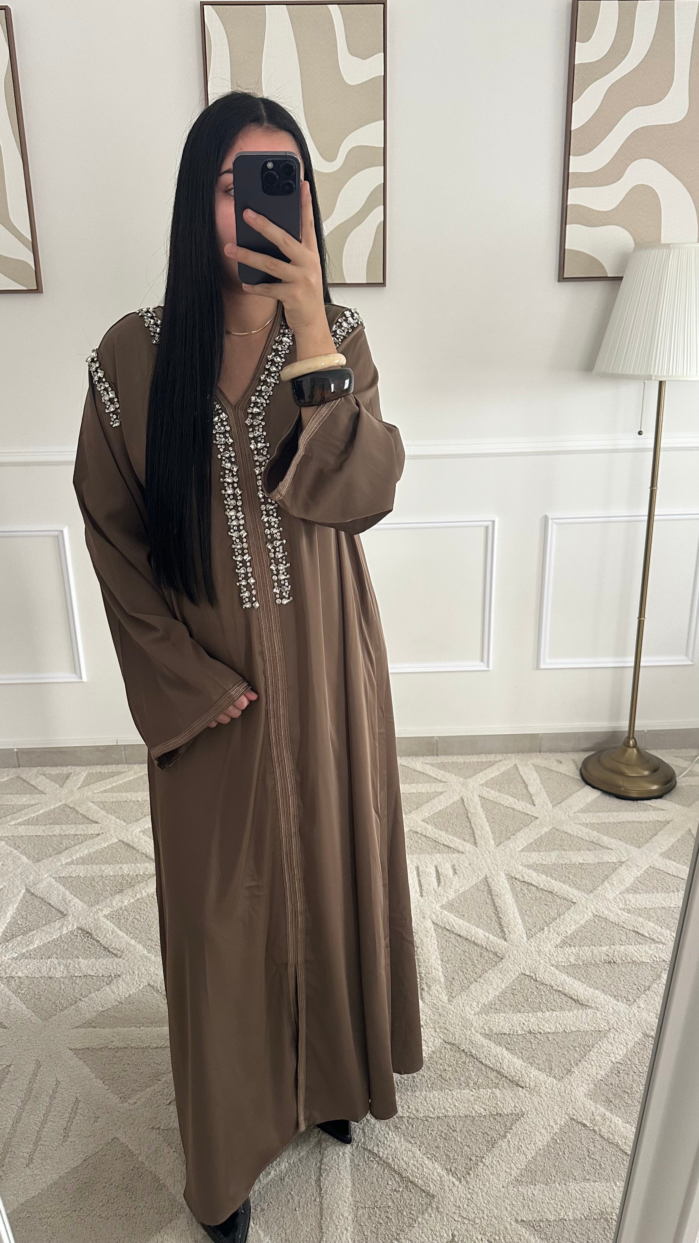 Robe caftan à strass | Marron