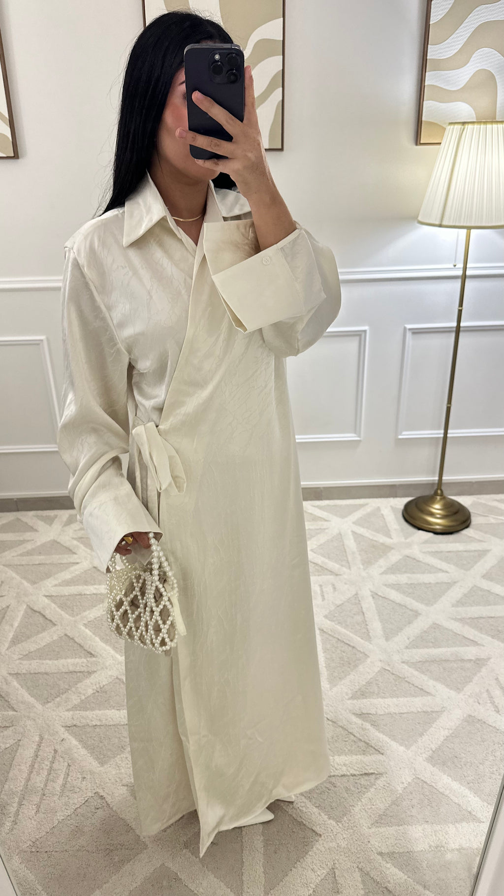 [GAMME PREMIUM] Robe satinée à motifs à nouer | Blanc