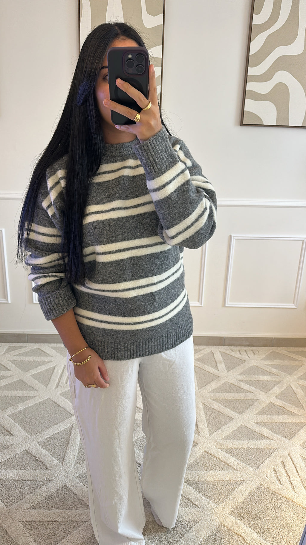 Pull rayé gris et blanc