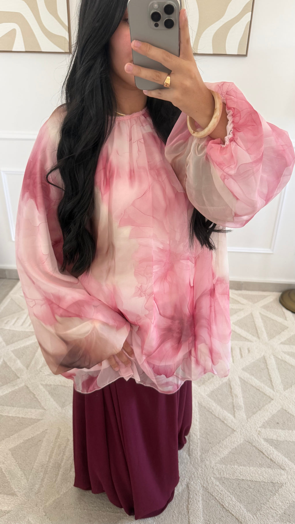 Blouse manches bouffantes fleurie | Rose