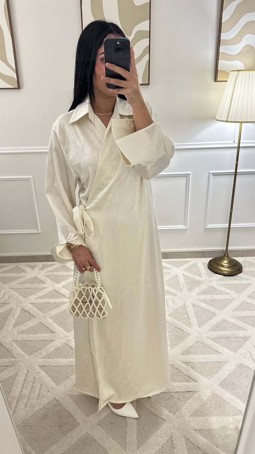 [GAMME PREMIUM] Robe satinée à motifs à nouer | Blanc