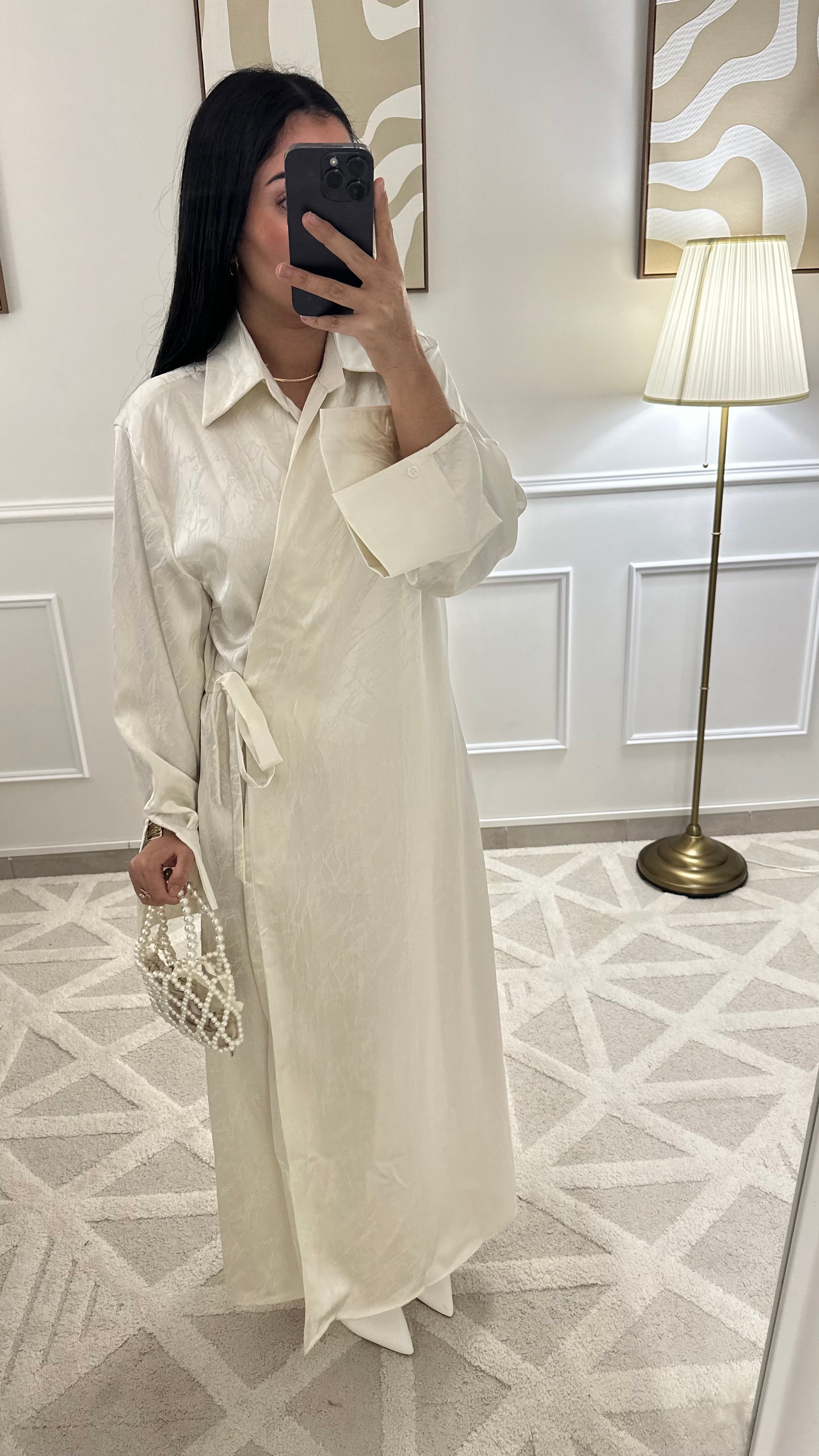 [GAMME PREMIUM] Robe satinée à motifs à nouer | Blanc