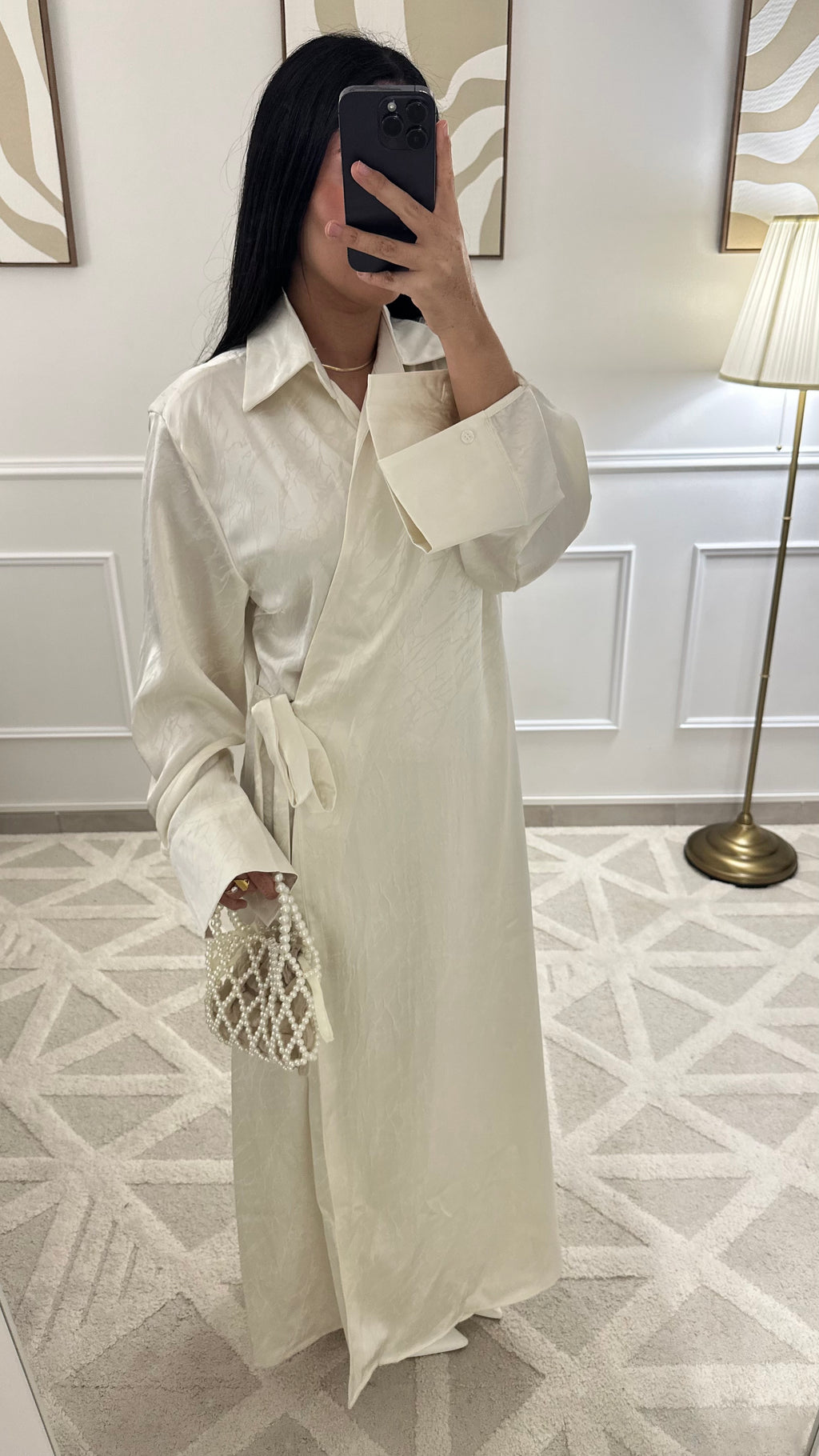 [GAMME PREMIUM] Robe satinée à motifs à nouer | Blanc