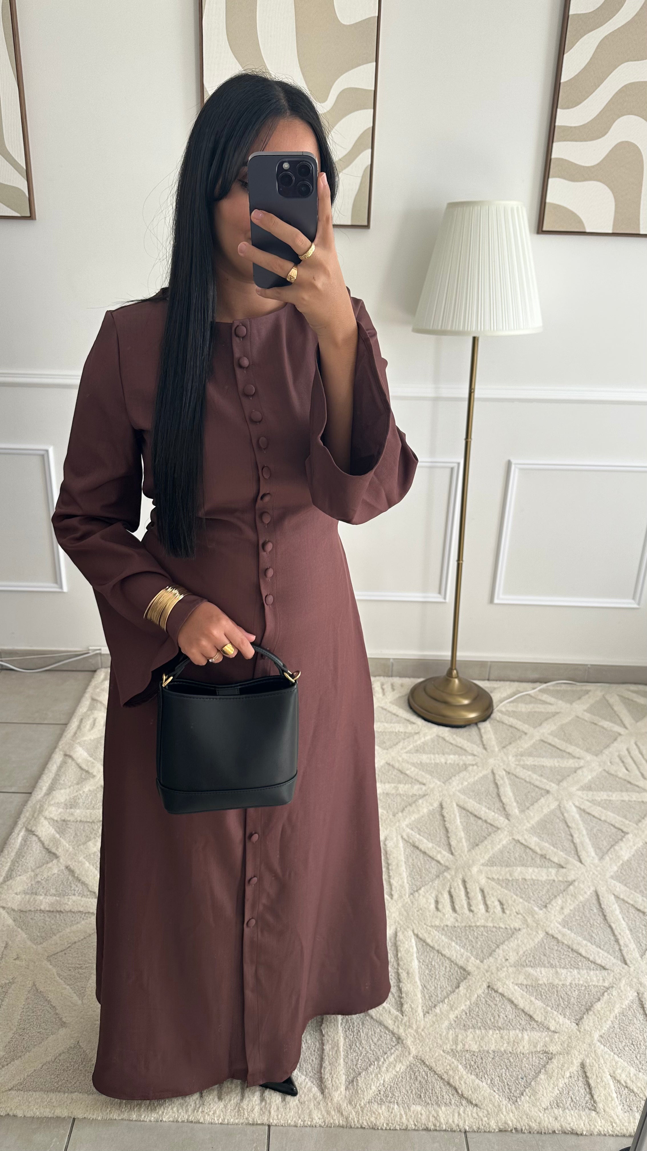 Robe longue à boutons acajou